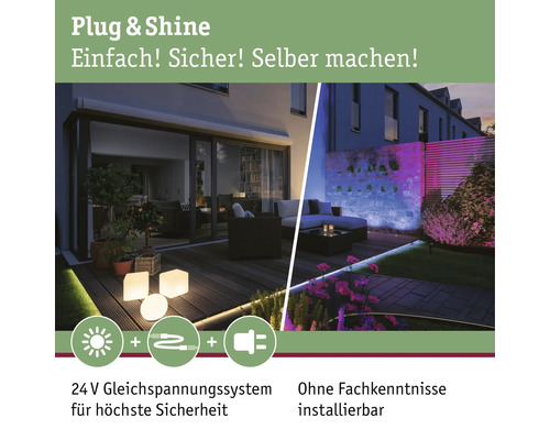 Plug & Shine Beleuchtungssystem für den Außenbereich auf Terrasse und im Garten.