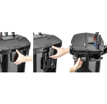 Aquarium Aussenfilter in drei Ansichten mit Filtermedien und Hand