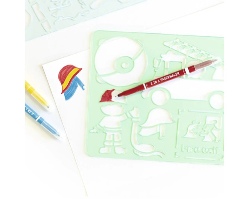 Zeichenschablone mit Stiften und Zeichnung eines Feuerwehrmanns