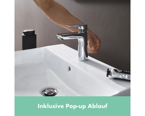 Waschtischarmatur auf einem weißen Waschbecken mit Pop-up Ablauf