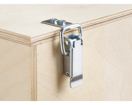 Detailansicht eines Holzkastens mit Metallverschluss