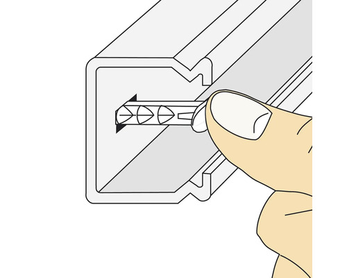 Illustration zeigt das Einsetzen eines Verbindungsstücks in eine Metallschiene.