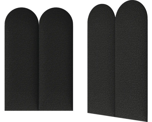 Zwei schwarze Zaunelemente mit abgerundetem Abschluss.