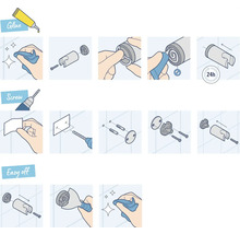 Illustration einer Montageanleitung für ein Produkt mit Kleben, Schrauben und Entfernen