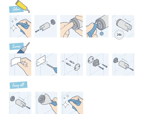Illustration einer Montageanleitung für ein Produkt mit Kleben, Schrauben und Entfernen