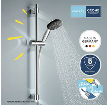 Duschsystem mit Handbrause und Brausestange mit Wasserstrahl. Quickfix. Grohe Logo. Hergestellt in Deutschland Siegel. Fünf Jahre Garantie Siegel. Kleben oder Bohren Symbol.