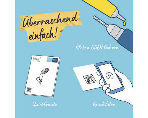 Informationen zur Installation: Kleben oder Bohren, Schnellstartanleitung, schnelles Video