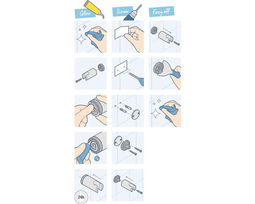 Illustrierte Montageanleitung für ein Produkt mit Optionen für Kleben, Schrauben und einfache Entfernung