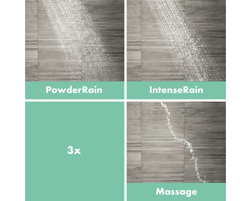 Brausekopf mit drei Strahlarten: PowderRain, IntenseRain und Massage