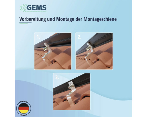 Illustration der Vorbereitung und Montage einer Montageschiene für Solarmodule auf einem Ziegeldach. Made in Germany Siegel.