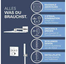 Grohe Duschsystem Eigenschaften mit maximaler Abdeckung, drei Strahlarten, SmartControl, schlankem Design und Metallplatte.