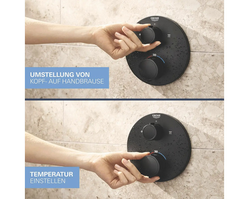 Bedienelemente zur Umstellung von Kopf- auf Handbrause und zur Temperatureinstellung in einer Dusche