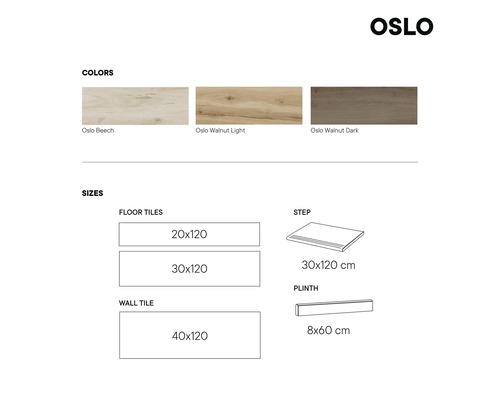 "Oslo Fliesen Farben und Größen: Buche, helles Walnussholz, dunkles Walnussholz