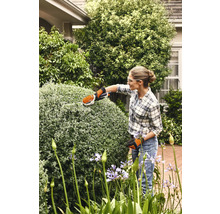 Frau schneidet Hecke mit einer Akku-Heckenschere im Garten.