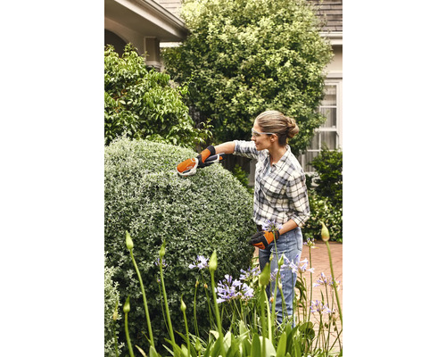 Frau schneidet Hecke mit einer Akku-Heckenschere im Garten.