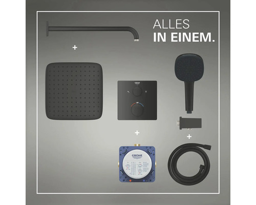 Komplette Duschgarnitur mit Kopfbrause, Handbrause, Brausearm und Thermostat von Grohe