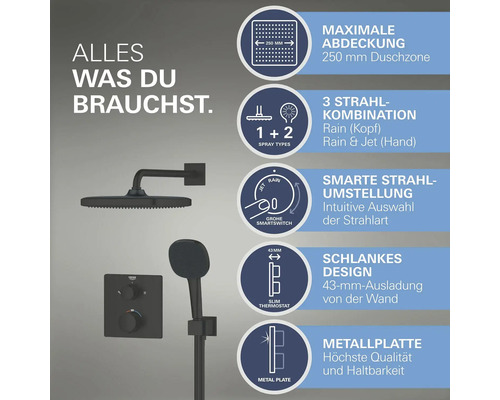 Duschsystem mit Kopfbrause, Handbrause und Thermostat mit verschiedenen Strahlarten und einfacher Strahlumstellung