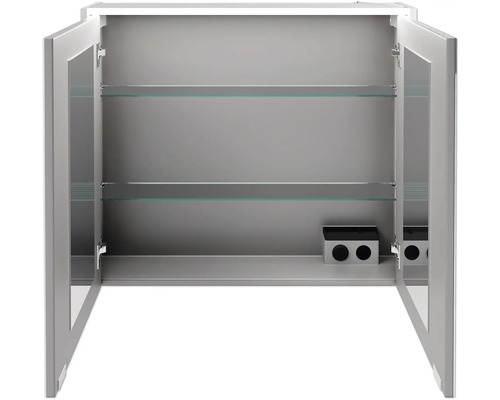 Offener Spiegelschrank mit Glasböden und integrierter Beleuchtung