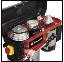 Detail einer Ständerbohrmaschine mit Riemenantrieb und Einhell Logo.