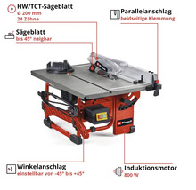 Einhell Tischkreissäge mit HM/TCT-Sägeblatt, 200 mm Durchmesser, 24 Zähne, Sägeblatt bis 45 Grad neigbar, Parallelanschlag, beidseitige Klemmung, Winkelanschlag einstellbar von -45 Grad bis +45 Grad und 800 Watt Induktionsmotor