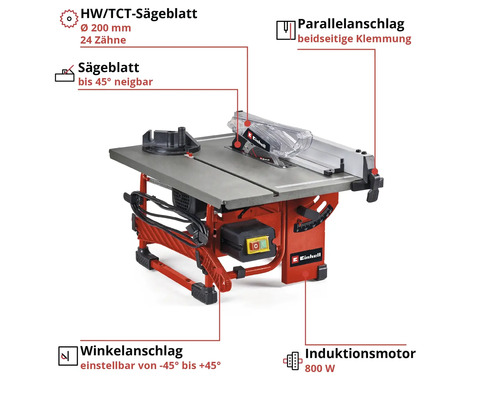 Einhell Tischkreissäge mit HM/TCT-Sägeblatt, 200 mm Durchmesser, 24 Zähne, Sägeblatt bis 45 Grad neigbar, Parallelanschlag, beidseitige Klemmung, Winkelanschlag einstellbar von -45 Grad bis +45 Grad und 800 Watt Induktionsmotor