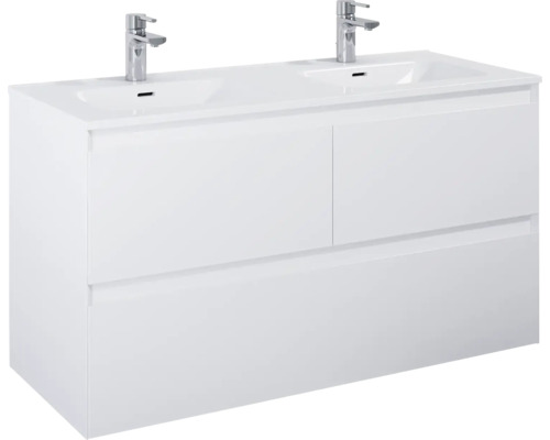 Waschtischunterschrank mit zwei Waschbecken und zwei Armaturen