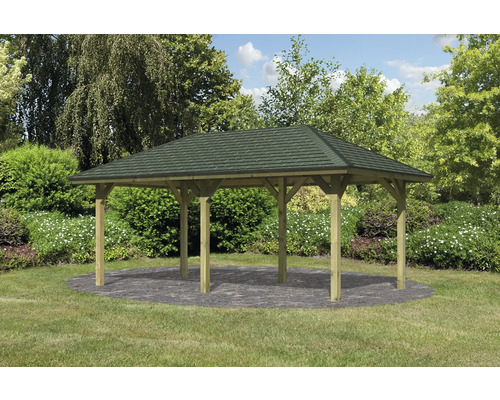 Holzpavillon mit Gründach im Garten.