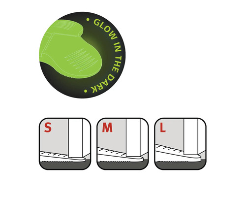Symbol für im Dunkeln leuchtend und Größenangaben für Türstopper