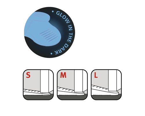 Symbolbild für die Größen Small, Medium und Large sowie das Symbolbild für im Dunkeln leuchtend