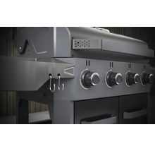 Gasgrill mit vier Brennern und seitlichen Haken.