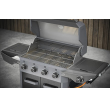 Gasgrill mit vier Brennern, Seitenbrenner und offenem Deckel