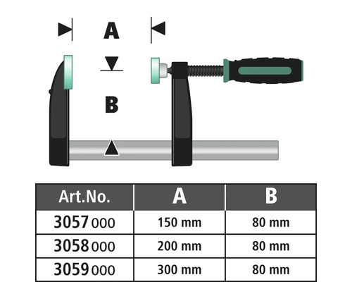 Schematische Darstellung einer Schraubzwinge mit Maßangaben und Tabelle.