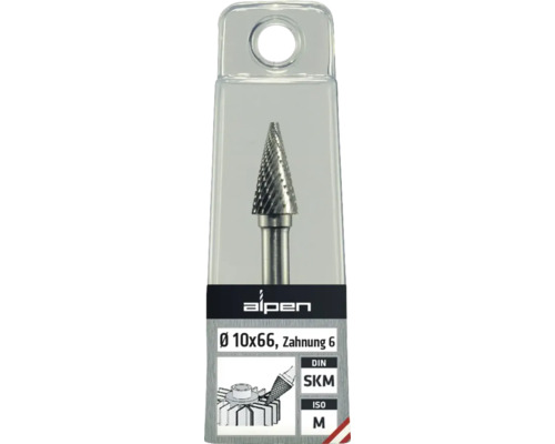 Alpen Hartmetall-Frässtift Kegelform Durchmesser 10x66, Verzahnung 6