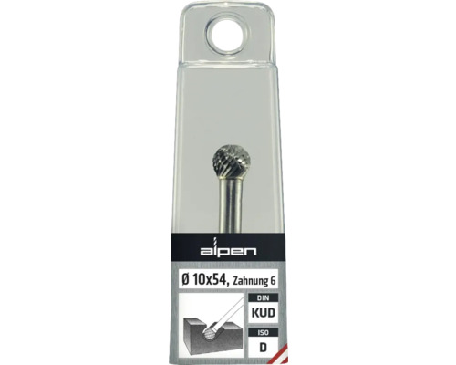 Alpen Hartmetall bestückter Frässtift Kugelfräser Durchmesser 10x54 Millimeter, Zahnung 6