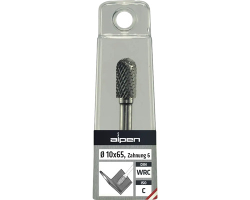 Alpen Hartmetall-Frässtift, Form C, circa 10x65 Millimeter, Verzahnung 6