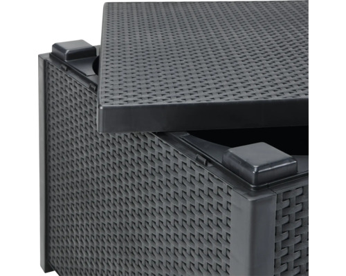 Detailansicht einer schwarzen Rattan-Gartenbox mit Deckel