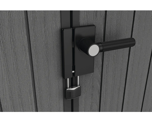 Detailaufnahme eines Geräteschlossriegels mit Vorhängeschloss an einer Holztür