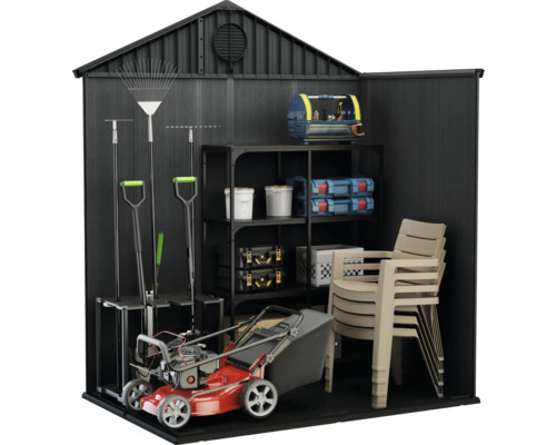 Gartenschuppen mit Rasenmäher, Regalen und Gartengeräten