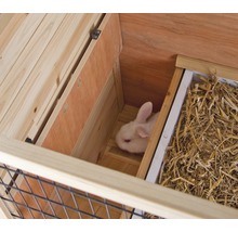 Innenansicht eines Kleintierstalls mit einem Kaninchen und Heu