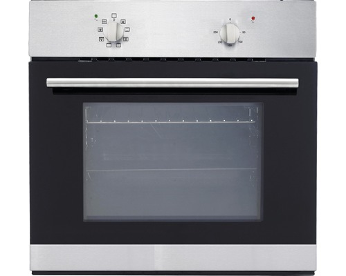 Edelstahl Einbaubackofen mit Glastür und Drehknöpfen zur Temperatur- und Funktionssteuerung.