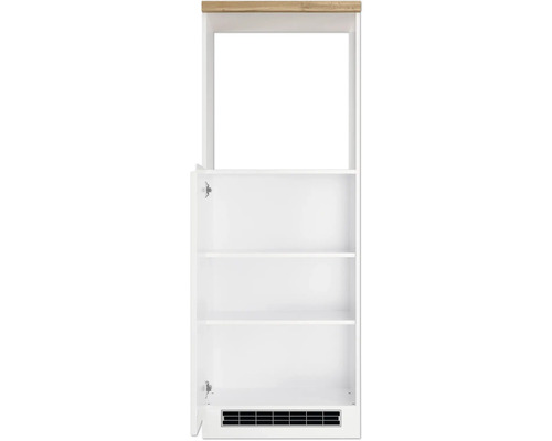 Weißes Regalelement mit drei Fächern und Holzplatte