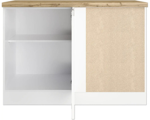 Weißer Unterschrank mit Holzplatte und Regalböden