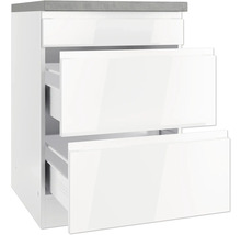 Weißer Unterschrank mit drei Schubladen und grauer Arbeitsplatte.