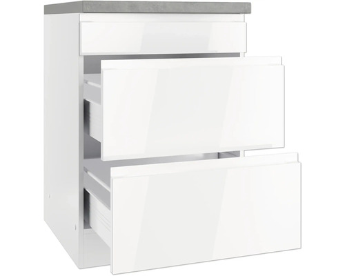 Weißer Unterschrank mit drei Schubladen und grauer Arbeitsplatte.