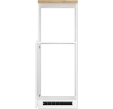 Weißer Badhochschrank mit Tür und Holzplatte