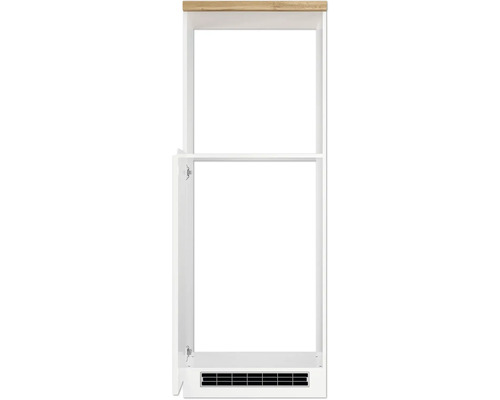 Weißer Badhochschrank mit Tür und Holzplatte