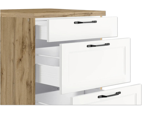 Kommode mit offenen Schubladen in Weiß und Holzoptik