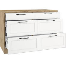 Kommode mit sechs Schubladen, teilweise geöffnet, Holzrahmen