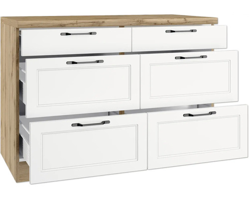 Kommode mit sechs Schubladen, teilweise geöffnet, Holzrahmen