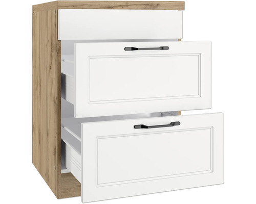 Unterschrank mit drei Schubladen in Holzoptik und Weiß